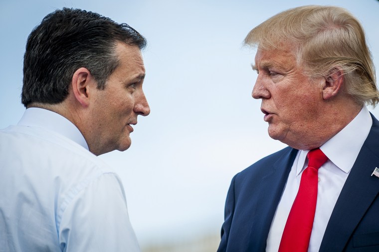 Republican presidential candidate Ted Cruz speaks with fellow candidate Donald Trump during a Tea Party Patriots rally against the Iran nuclear deal on Capitol Hill in Washington, D.C., Sep. 9, 2015. (Photo by Pete Marovich/Bloomberg/Getty)