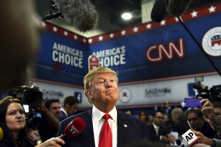 Republican U.S. presidential candidate and businessman Donald Trump speaks to the media in the spin room following the U.S. Republican presidential debate in Las Vegas, Nev., Dec. 15, 2015. (Photo by David Becker/Reuters)