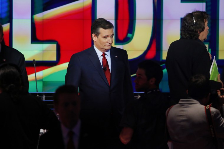 Republican U.S. presidential candidate Senator Ted Cruz walks the stage during a commercial break in the midst of the Republican presidential debate in Las Vegas, Nev., Dec. 15, 2015. (Photo by Mike Blake/Reuters)