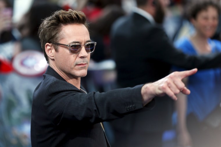 Cast member Downey Jr.  poses at the european premiere of \"Avengers: Age of Ultron\" at Westfield shopping centre, Shepherds Bush, London