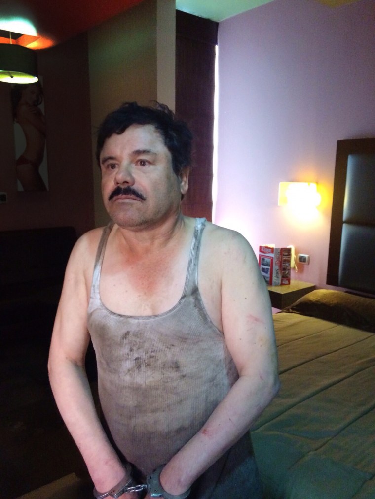 This image provided by an anonymous source on Jan. 8, 2016 shows Joaquin Guzman Loera, also known as 'El Chapo', handcuffed after his detention in Mexico. (Photo by Xinhua/ZUMA)