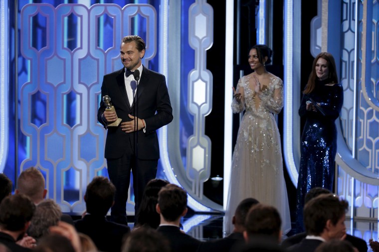 Leonardo DiCaprio holds his award for Best Actor, Motion Picture - Drama for \"The Revenant\" at the 73rd Golden Globe Awards in Beverly Hills, Calif., Jan. 10, 2016. (Photo by Paul Drinkwater/NBC Universal/Reuters)