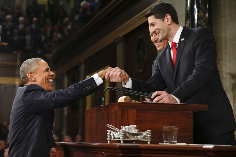 President Barack Obama greets Speaker of the House Paul Ryan before his State of the Union address on Capitol Hill Jan. 12, 2016 in Washington, D.C. (Photo by Evan Vucci/Pool/Getty)