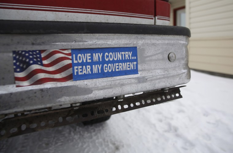 A bumper sticker on a private truck is seen in front of a residential building at the Malheur National Wildlife Refuge near Burns, Ore., Jan. 5, 2016. (Photo by Jim Urquhart/Reuters)