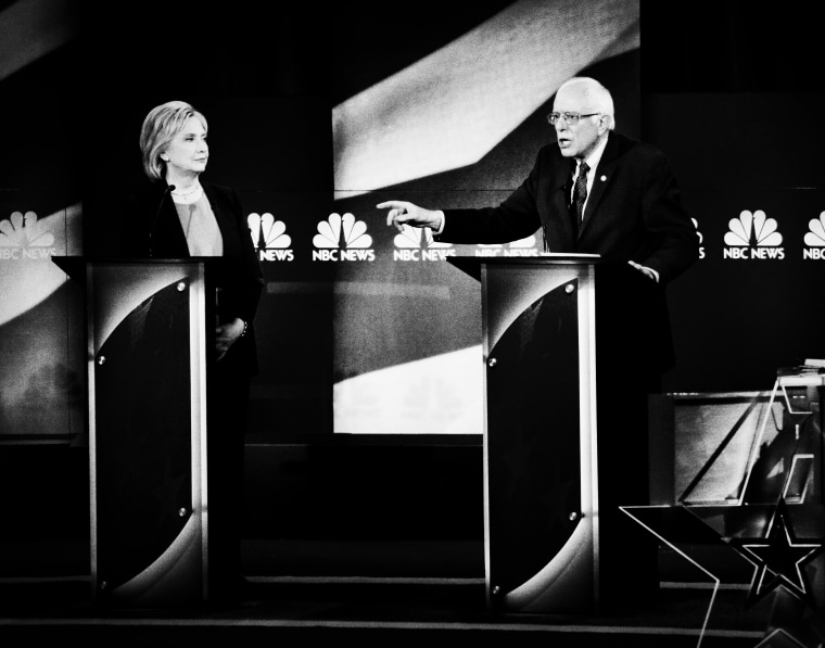 Democratic presidential candidates Hillary Clinton and Sen. Bernie Sanders (R) during the NBC, YouTube Democratic presidential debate at the Gaillard Center, January 17, 2016, in Charleston, S.C.