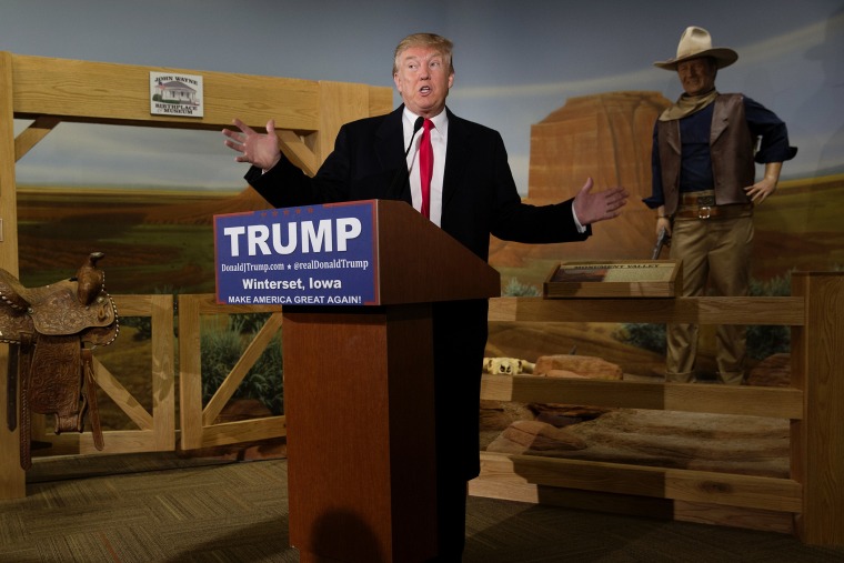 Republican presidential candidate Donald Trump speaks at the John Wayne Birthplace Museum on Jan. 19, 2016 in Winterset, Iowa. (Photo by Aaron P. Bernstein/Getty)