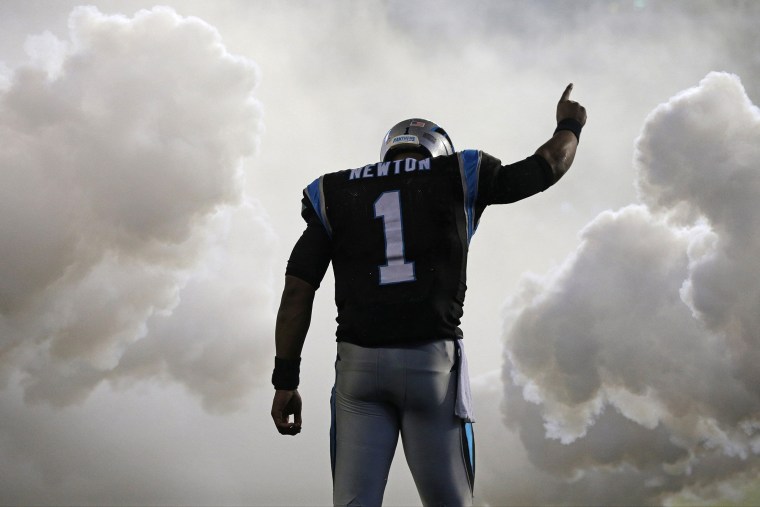 Carolina Panthers' Cam Newton (1) is introduced before an NFL football game against the Indianapolis Colts in Charlotte, N.C., Nov. 2, 2015. (Photo by Chuck Burton/AP)