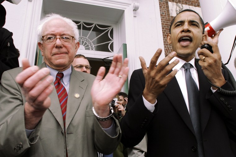 In this March 10, 2006, file photo, Barack Obama speaks at a Democratic rally for then U.S. Rep. Bernie Sanders in Burlington, Vt. (Photo by Toby Talbot/AP)