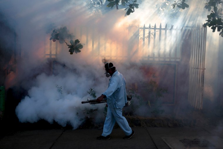 A health ministry worker fumigates a house to kill mosquitoes during a campaign against dengue and chikungunya and to prevent the entry of Zika virus in Managua, Nicaragua