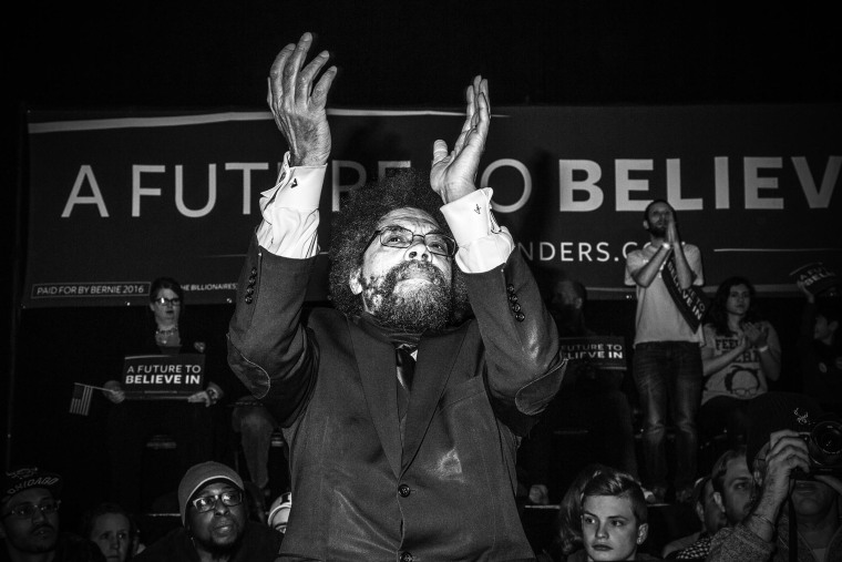 Professor Cornel West applauds Senator Bernie Sanders at a rally in Davenport Ia., Jan. 29, 2016. (Photo by Mark Peterson/Redux for MSNBC)