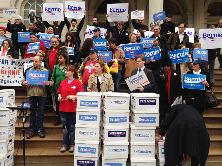 Sanders supporters prepare to deliver 85,000 signatures outside City Hall, New York City, Feb. 3, 2016. (Photo by Emma Margolin/MSNBC)