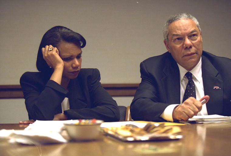 Secretary of State Colin Powell and National Security Advisor Condoleezza Rice in the President's Emergency Operations Center in Washington in  the hours following the September 11, 2001 attacks in this U.S National Archives handout photo