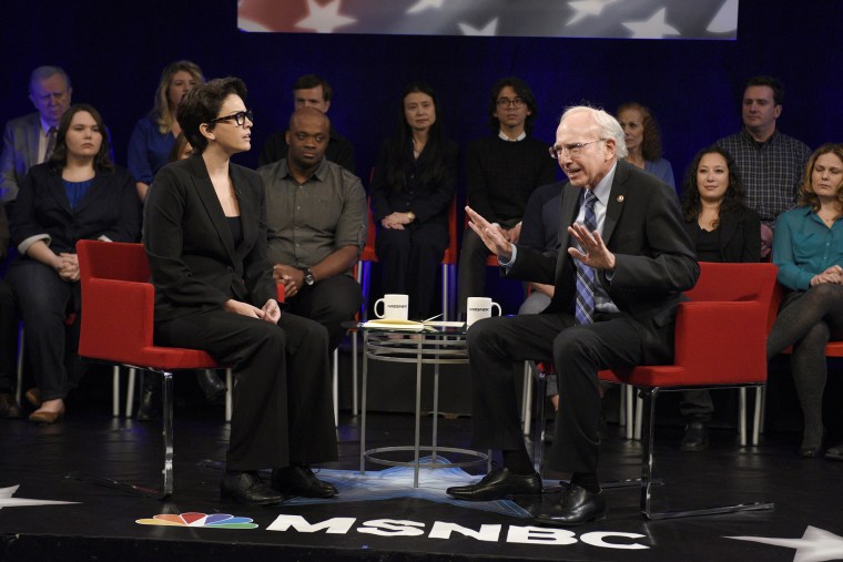 Cecily Strong as Rachel Maddow questions Larry David as Bernie Sanders during a mock MSNBC Forum cold open sketch on Nov. 7, 2015. (Photo by Dana Edelson/NBC)