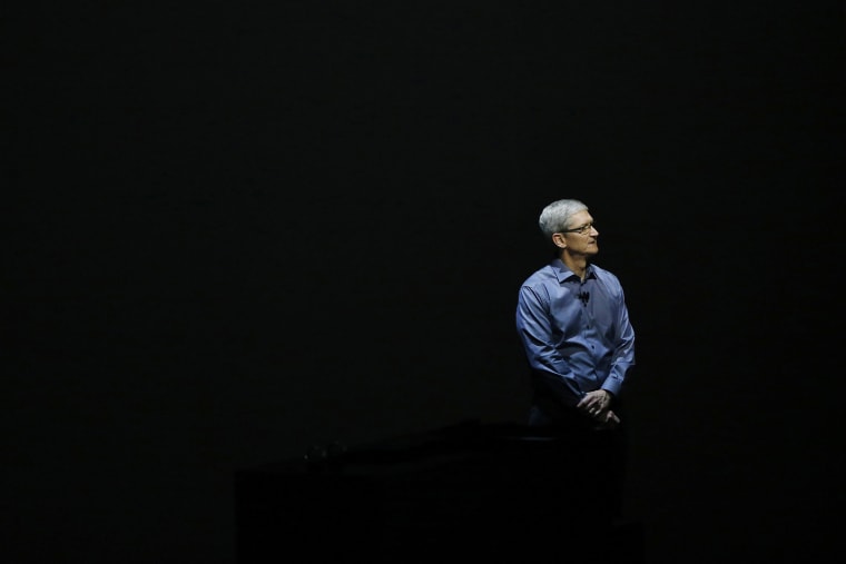 Apple CEO Tim Cook stands on stage during a Special Event at Bill Graham Civic Auditorium Sept. 9, 2015 in San Francisco, Calif. (Photo by Stephen Lam/Getty)