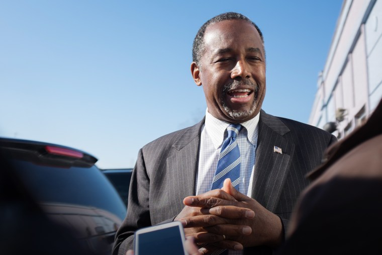 Republican presidential candidate Ben Carson speaks to reporters after stopping at The Airport Diner on Feb. 7, 2016 in Manchester, N.H. (Photo by Matthew Cavanaugh/Getty)