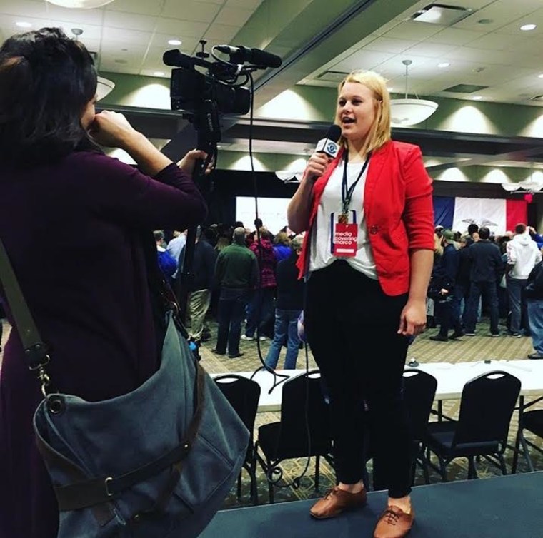 “Chase the Race” reporter Mikayla Kelz covers the Iowa caucus. (Courtesy of Mikayla Kelz)