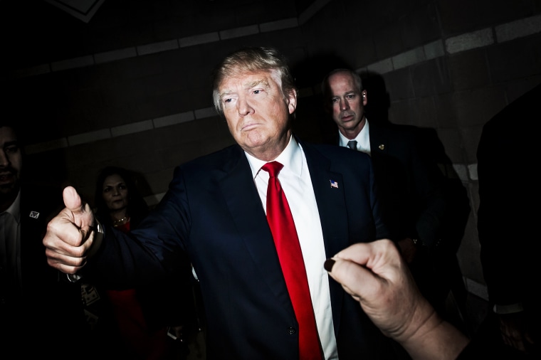Donald Trump stops by the Palo Verde school caucus site in Nevada during the Republican caucuses, Feb. 23, 2016.