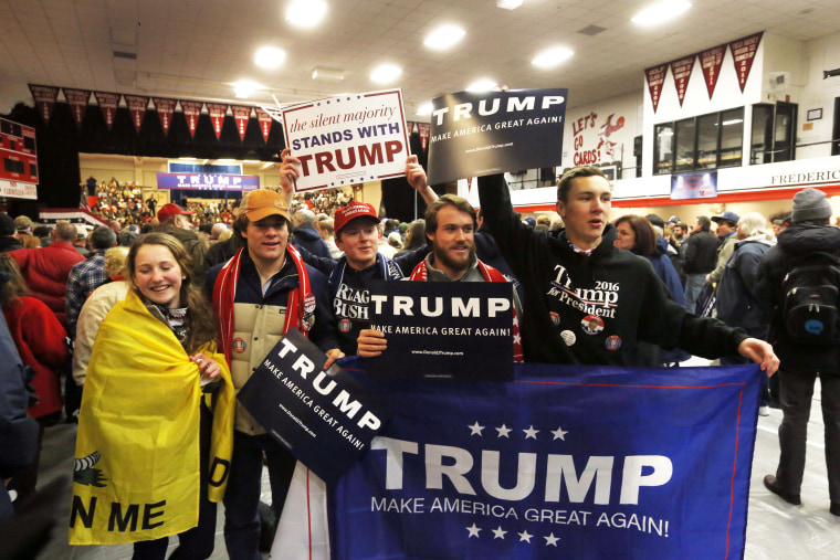 Supporters of Republican presidential candidate Donald Trump cheer as Trump gets ready to speak to a crowd Tuesday, Jan. 5, 2016, in Claremont, N.H. (AP...