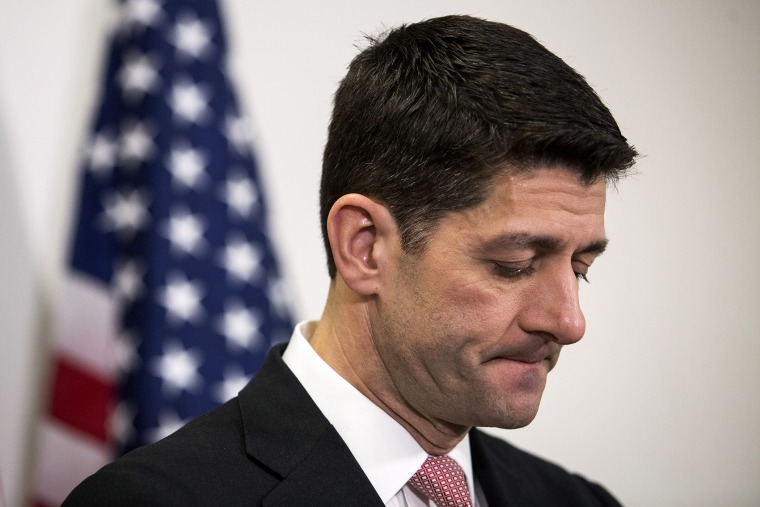 Speaker of the House Paul Ryan (R-WI) pauses while speaking to the media after closed-door meeting with House Republicans, on Capitol Hill, March 1, 2016 in Washington, D.C. (Photo by Drew Angerer/Getty)