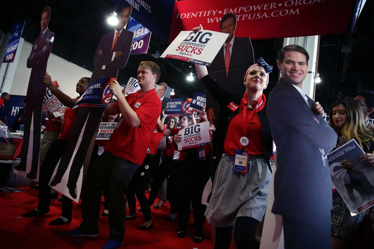 Members of Turning Point USA dance with a cardboard cutout of Republican presidential candidate Sen. Marco Rubio (R-FL) during CPAC, March 3, 2016 in National Harbor, Md. (Photo by Alex Wong/Getty)