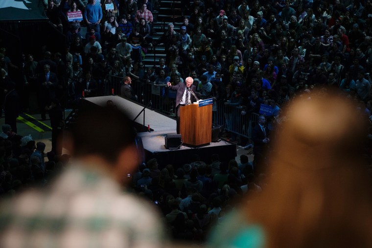 Democratic presidential candidate Senator Bernie Sanders (D-VT) speaks to guests during a rally on the campus of Michigan State University on March 2, 2016 in East Lansing, Mich. (Photo by Scott Olson/Getty)