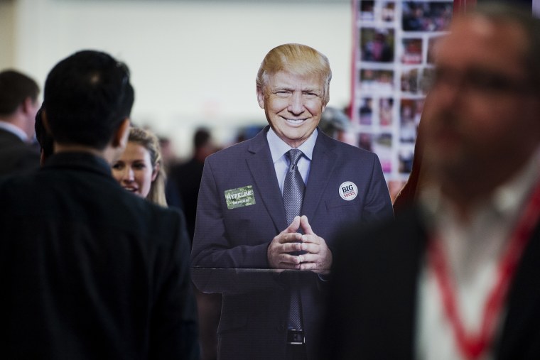 A cardboard cutout of Republican presidential candidate Donald Trump stands in the CPAC Hub room at the CPAC conference at National Harbor in Oxon Hill, Md., March 3, 2016.  (Photo By Bill Clark/CQ Roll Call/Getty)