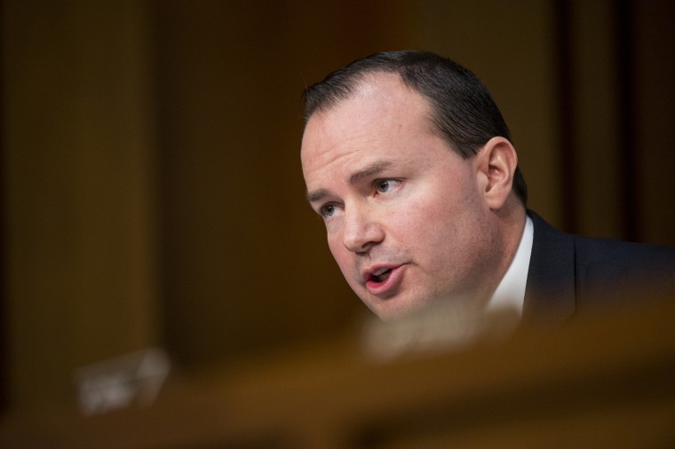 Sen. Mike Lee, R-Utah, questions U.S. Attorney General nominee Loretta Lynch during her confirmation hearing in the Senate Judiciary Committee, Jan. 28, 2015. (Photo By Bill Clark/CQ Roll Call/Getty)