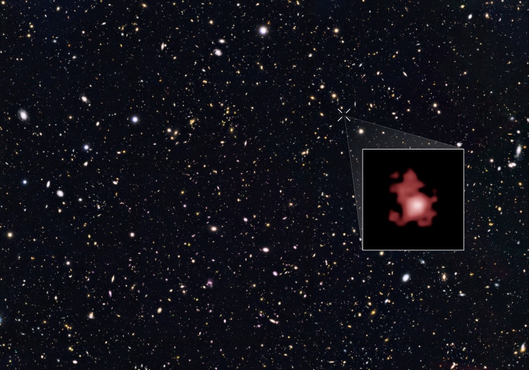 This image shows the position of the most distant galaxy discovered so far within a deep sky Hubble Space Telescope survey called GOODS North (Great Observatories Origins Deep Survey North).