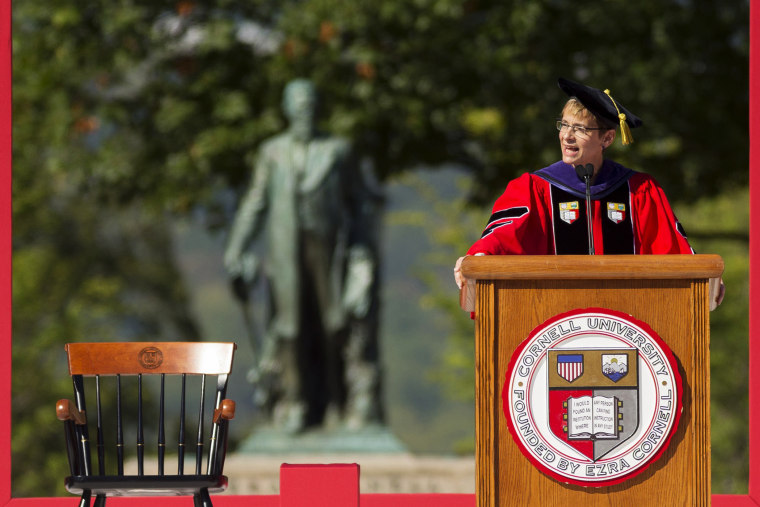 In this Sept. 18, 2015 photo, Cornell University President Elizabeth Garrett delivers her inaugural address at the school in Ithaca, N.Y., on the Arts Quad in front of the statue of Ezra Cornell. (Photo by Simon Wheeler/Ithaca Journal/AP)
