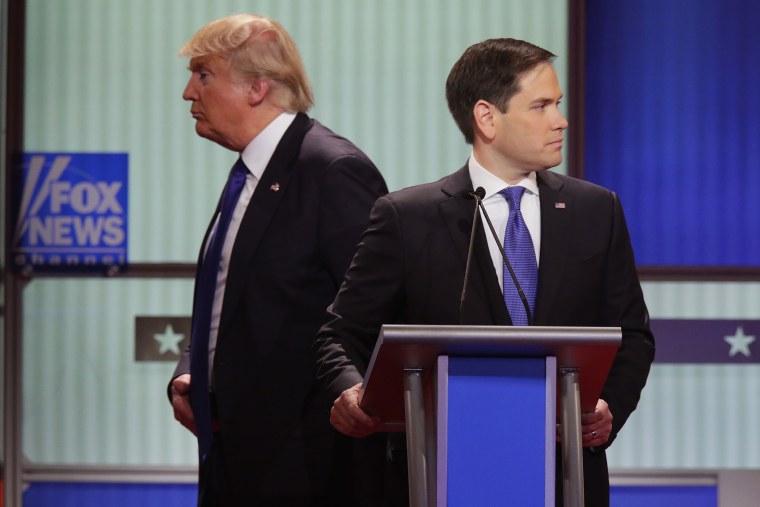 Republican presidential candidates Donald Trump and Sen. Marco Rubio (R-FL) participate in a debate sponsored by Fox News at the Fox Theatre on March 3, 2016 in Detroit, Mich. (Photo by Chip Somodevilla/Getty)