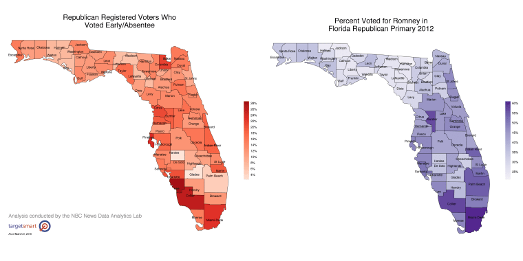 Republican Registered Voters Who Voted Early/Absentee / Percent Voted for Romney is Fla. Republican Primary 2012 (NBC News)