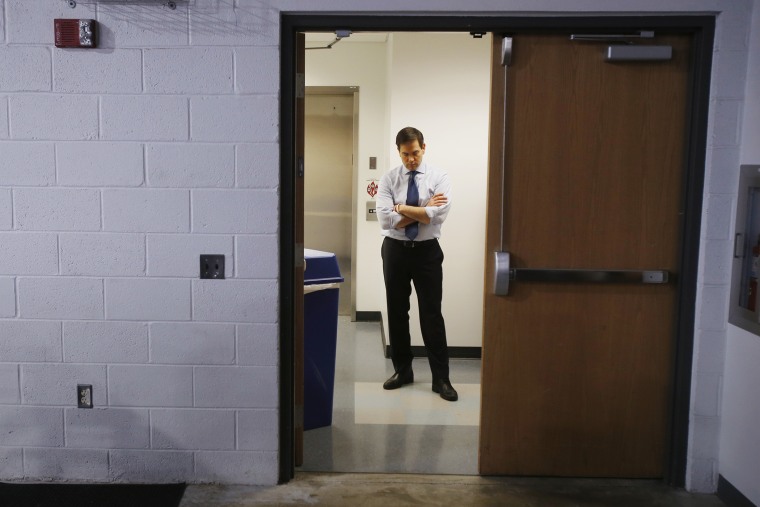 Republican presidential candidate Marco Rubio has a moment to himself before being introduced at a campaign event at Palm Beach Atlantic University in West Palm Beach, Fla., March 14, 2016. (Photo by Carlo Allegri/Reuters)