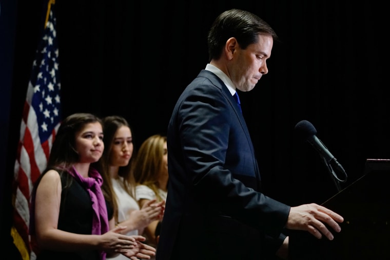 Republican presidential candidate Senator Marco Rubio (R-FL), flanked by his family, speaks at a primary night rally on March 15, 2016 in Miami, Fla. (Photo by Angel Valentin/Getty)