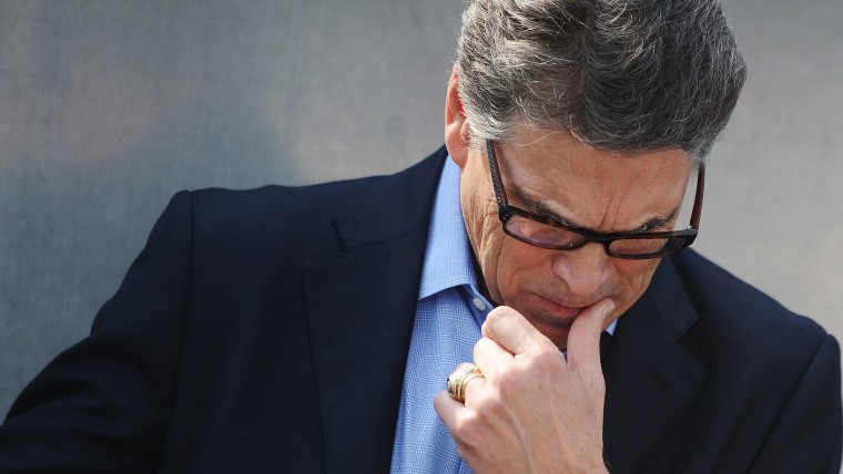 Former Texas Gov. Rick Perry waits to speak during a campaign stop at the South Carolina Military Museum, June 8, 2015, in Columbia, S.C. (Photo by Rainier Ehrhardt/AP)