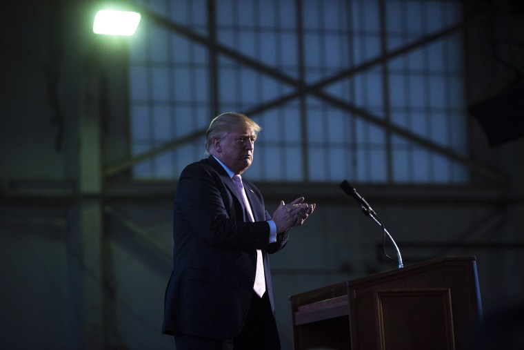 Republican presidential candidate Donald Trump finishes speaking during a campaign event at Winner Aviation in Vienna, Ohio on March 14, 2016. (Photo by Jabin Botsford/The Washington Post/Getty)