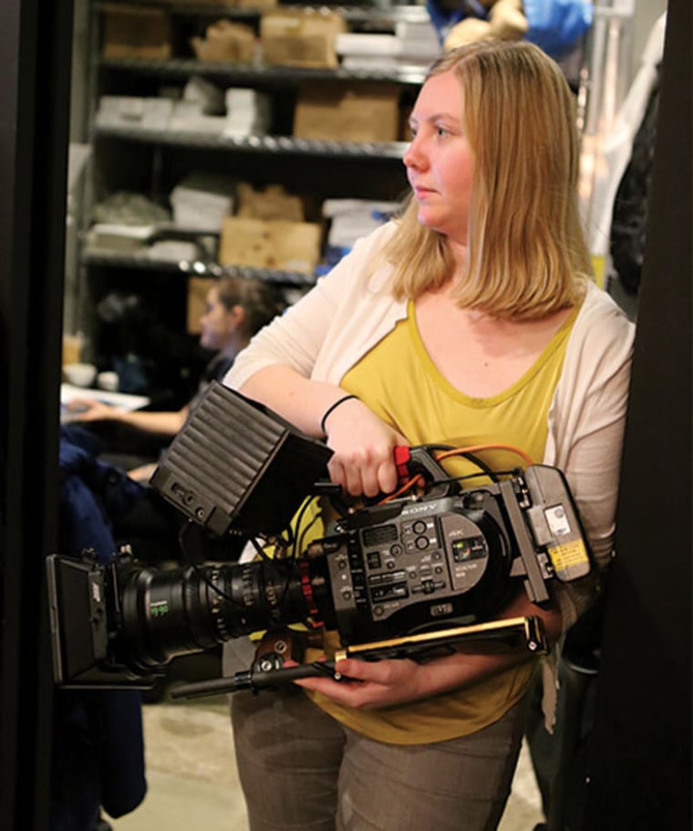 Emily Harrold holds a camera on the set of her film, working title: “The Cocinera” (courtesy of Tribeca Digital Studios)