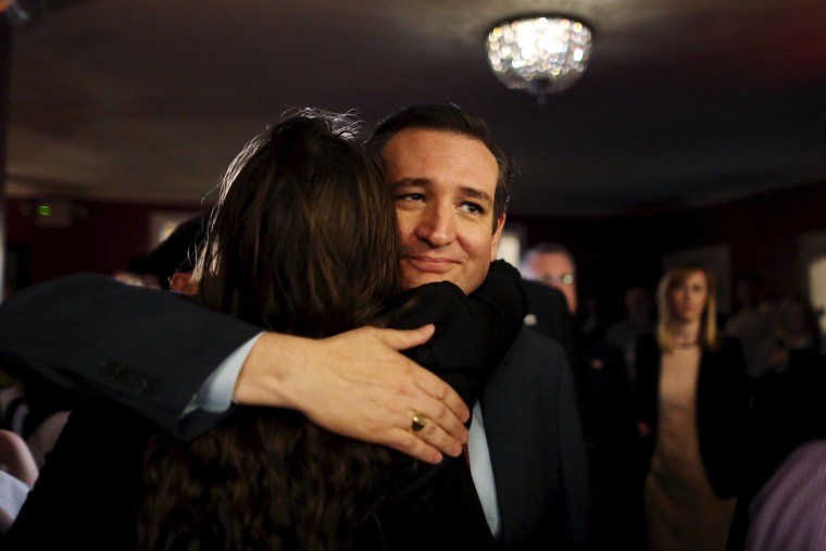 Republican presidential candidate Ted Cruz embraces a supporter during a rally in New York, March 23, 2016. (Photo by Pearl Gabel/Reuters)
