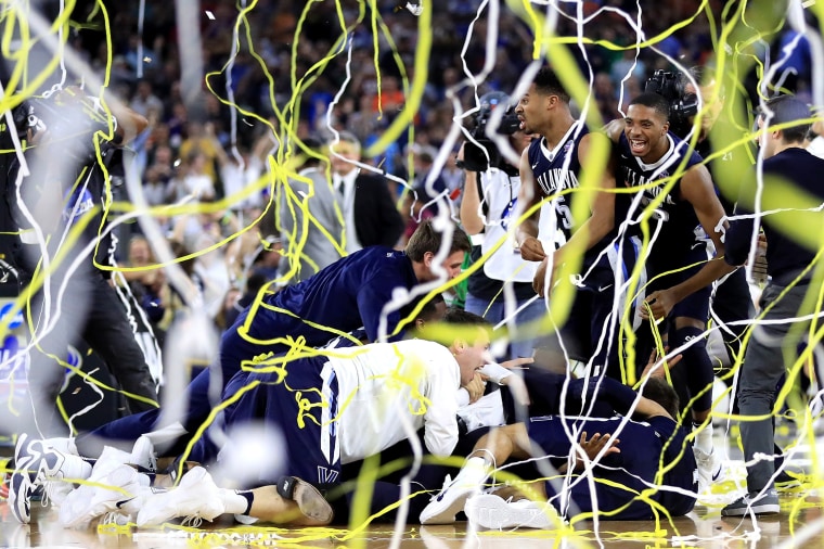 The Villanova Wildcats celebrate defeating the North Carolina Tar Heels 77-74 to win the 2016 NCAA Men's Final Four National Championship game at NRG Stadium on April 4, 2016 in Houston, Texas. (Photo by Ronald Martinez/Getty)