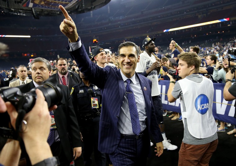 Head coach Jay Wright of the Villanova Wildcats celebrates defeating the North Carolina Tar Heels 77-74 to win the 2016 NCAA Men's Final Four National Championship game at NRG Stadium on April 4, 2016 in Houston, Texas. (Photo by Streeter Lecka/Getty)