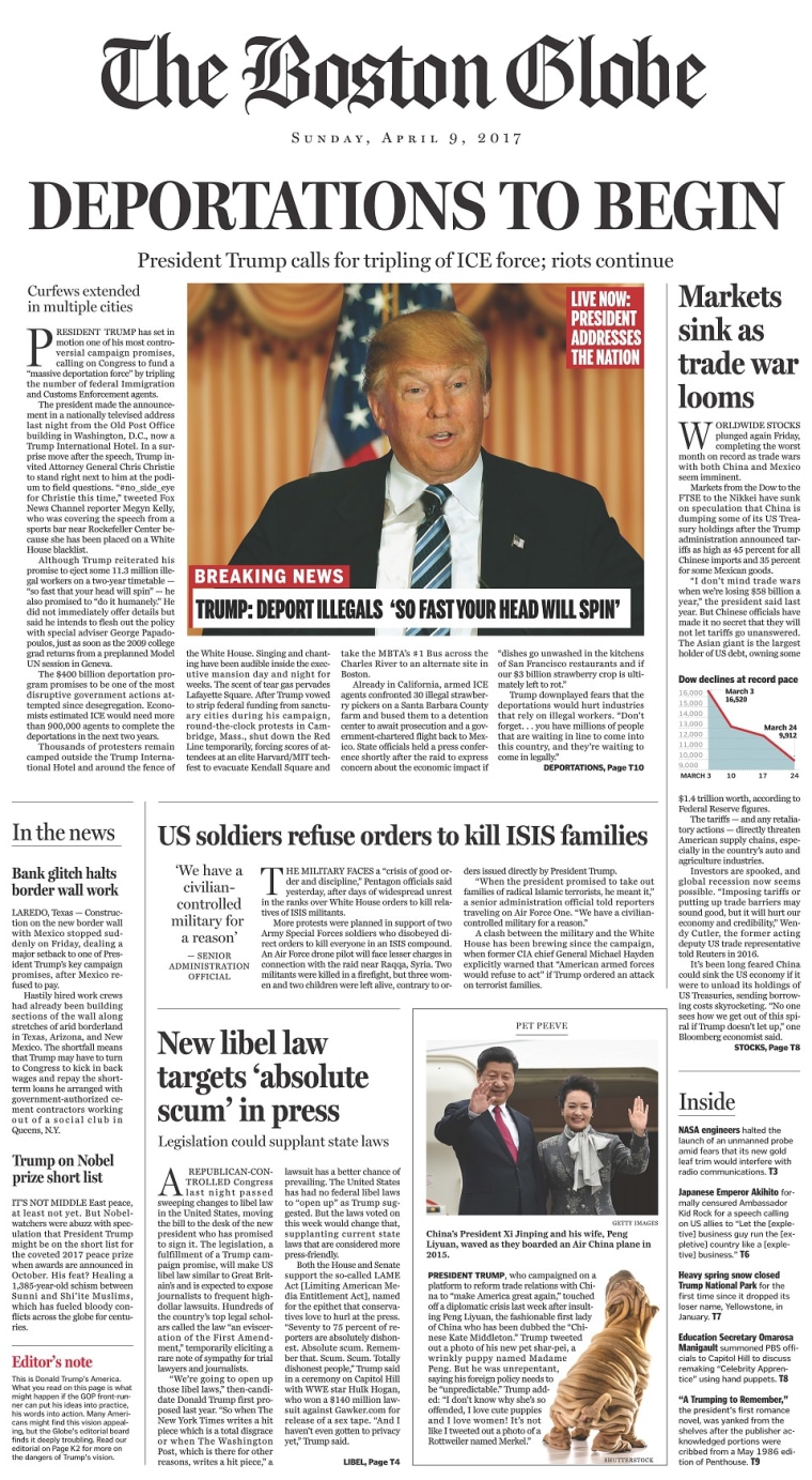 A satirical front page published by The Boston Globe on Sunday, April 10, 2016.