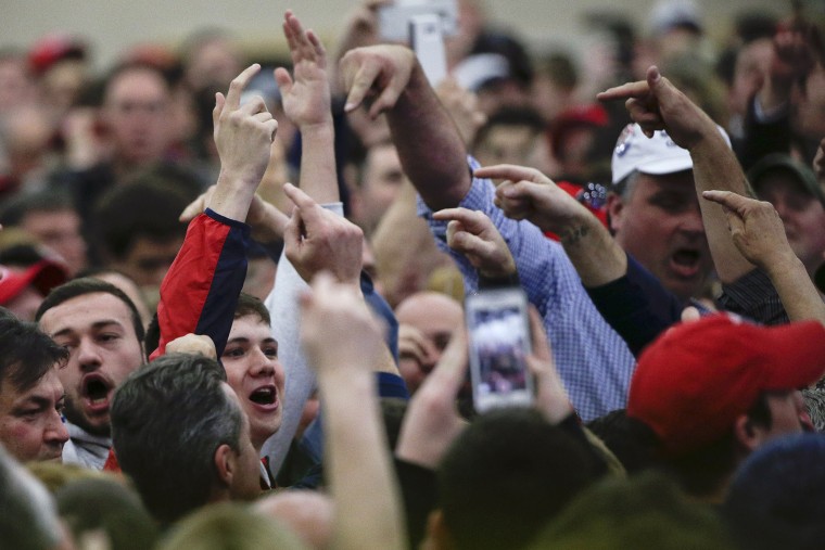 Supporters for Republican presidential candidate Donald Trump point out protestors before the start of a campaign rally, April 6, 2016, in Bethpage, N.Y. (Photo by Julie Jacobson/AP)