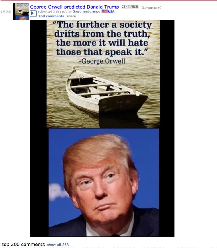 \"George Orwell predicted Donald Trump\" posted by reddit user Greatmambojambo. (Screenshot courtesy of Reddit)