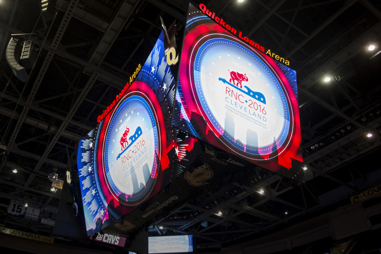 The RNC's graphics light up the Quicken Loans Arena, who will host the 2016 Republican National Convention in Cleveland, Ohio. (Photo by Bill Clark/Congressional Quarterly/Newscom/ZUMA)