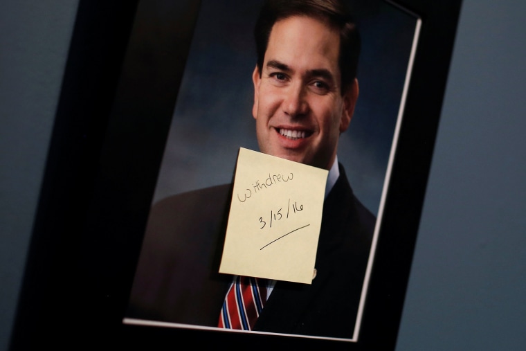 An Image of former Republican presidential candidate Marco Rubio, with a note pasted to it by a visitor, is seen on display at an exhibit at the Schenectady County Historical Society in Schenectady, New York, April 7, 2016. (Photo by Mike Segar/Reuters)
