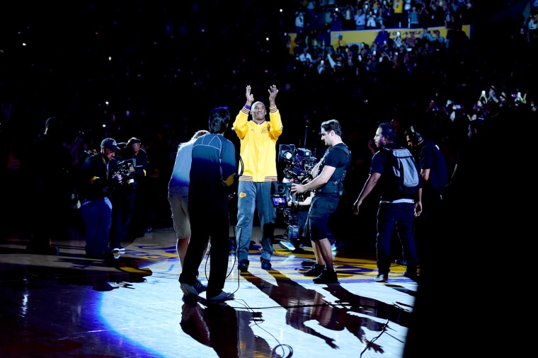 Kobe Bryant #24 of the Los Angeles Lakers acknowledges the crowd before taking on the Utah Jazz in Bryant's final NBA game at Staples Center on April 13, 2016 in Los Angeles, Calif. (Photo by Harry How/Getty)