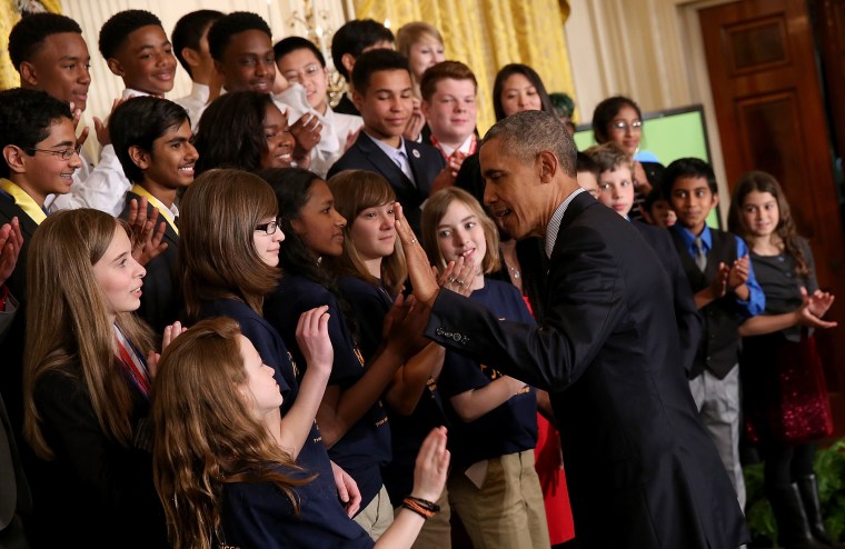 President Barack Obama greets students after delivering remarks at the White House Science Fair April 13, 2016 in Washington, D.C.