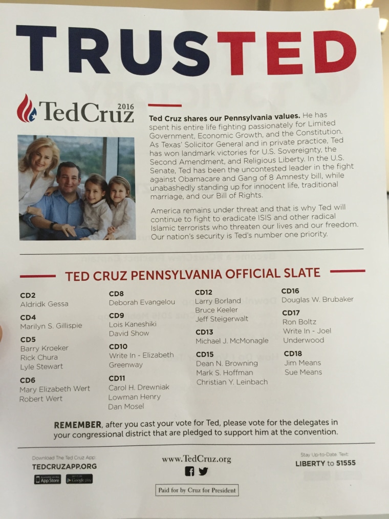 The Cruz campaign passed out a flier telling people to “please vote for the delegates in your congressional district that are pledged to support [Cruz] at the convention.” (Frank Thorp/NBC News)