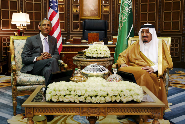 President Barack Obama meets with Saudi King Salman at Erga Palace upon his arrival for a summit meeting in Riyadh, Saudi Arabia, April 20, 2016. (Photo by Kevin Lamarque/Reuters)