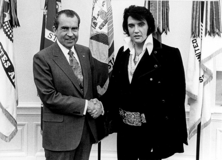 President Richard Nixon meets with Elvis Presley Dec. 21, 1970 at the White House. (Photo by National Archives)