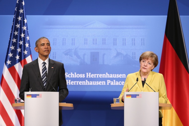 German Chancellor Angela Merkel and U.S. President Barack Obama speak to the media following talks at Schloss Herrenhausen palace on Obama's first day of a two-day trip to Germany on April 24, 2016. (Photo by Sean Gallup/Getty)